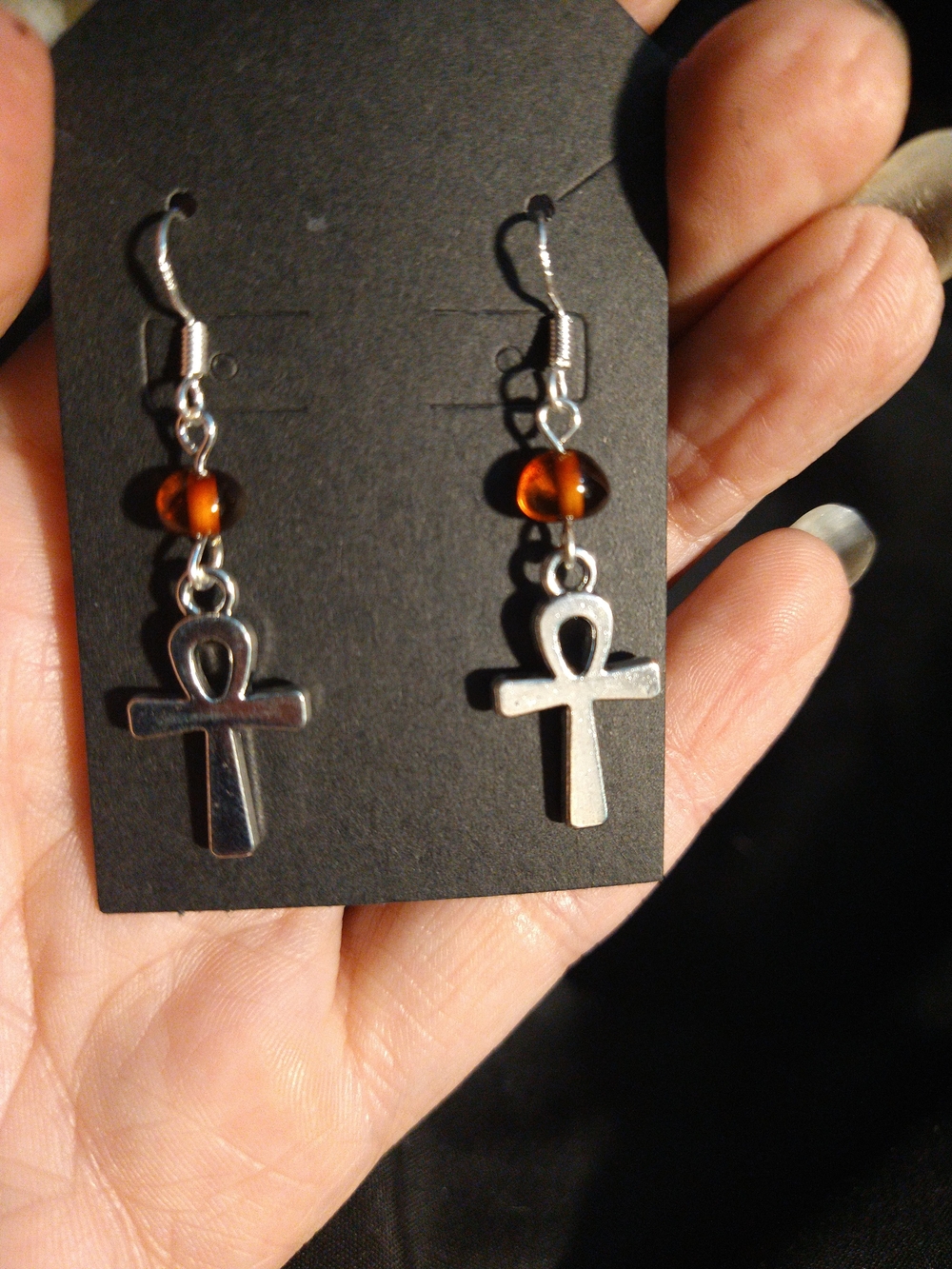 Sterling-Tone Ankh Drop Earrings with Baltic Amber Bead